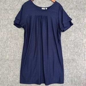 Kim Rogers Dress 2X Curvy Navy Blue Eyelet Tiered Sleeve Round Neck Dress